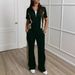 Women's Commuter Casual Two Piece Set Zippered Short Sleeve Top Elastic Waist Straight Leg Pants With Pocket_ecoleips.com