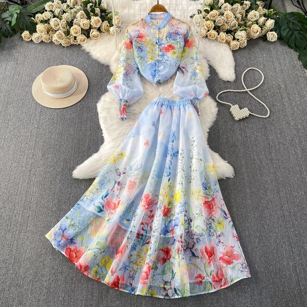 Romantic Floral Print Blouse With Lantern Sleeves & High-Waist Skirt Set – Elegant Casual Outfit For Women_ecoleips.com