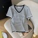 Women's Clothing Summer Style Women's T-Shirt V Neck Striped Short Sleeve Ice Silk Knit Fashionable Top For Ladies_ecoleips.com