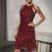 Sparkly Sequin Halter Party Dress For Women, Chain Strap Cold Shoulder Mini Dress For Prom Club Evening_ecoleips.com