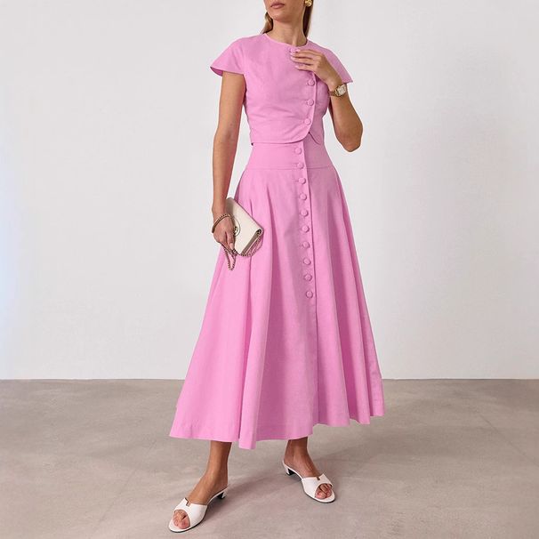 Women's Clothing Spring And Summer New Pink Cotton High Waist V Neck Skirt Suit Fashion Women's Clothing Two Piece Suit_ecoleips.com