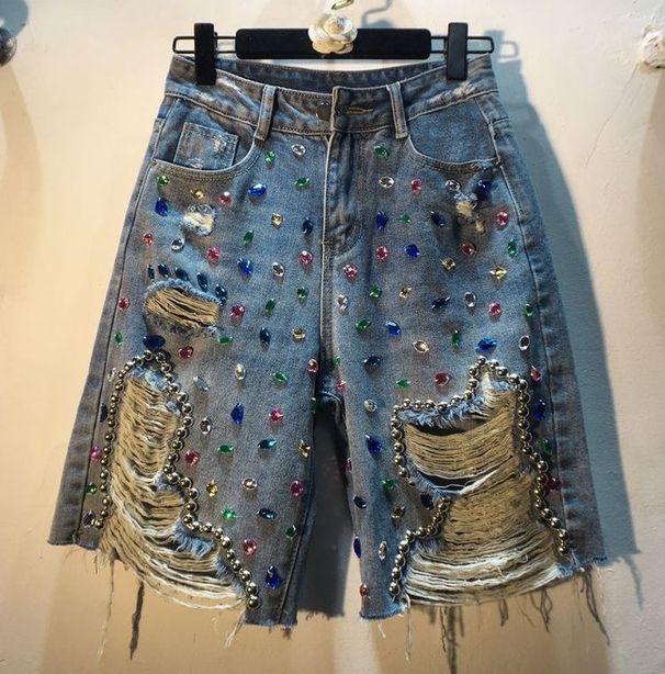 Women's Colorful Rhinestone Beaded Ripped Denim Shorts Street Style Handmade Embellishments Frayed Edges_ecoleips.com