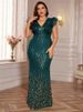 Fat Woman Deep V Neck Sequined Evening Dress European American Style Slim Fit Long Party Dress for Banquet Temperament_ecoleips.com