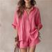 Women's Solid Color Button down Shirt And Shorts Set European American Style Spring/Summer Casual Fashion Loose Fit Pant Suit_ecoleips.com