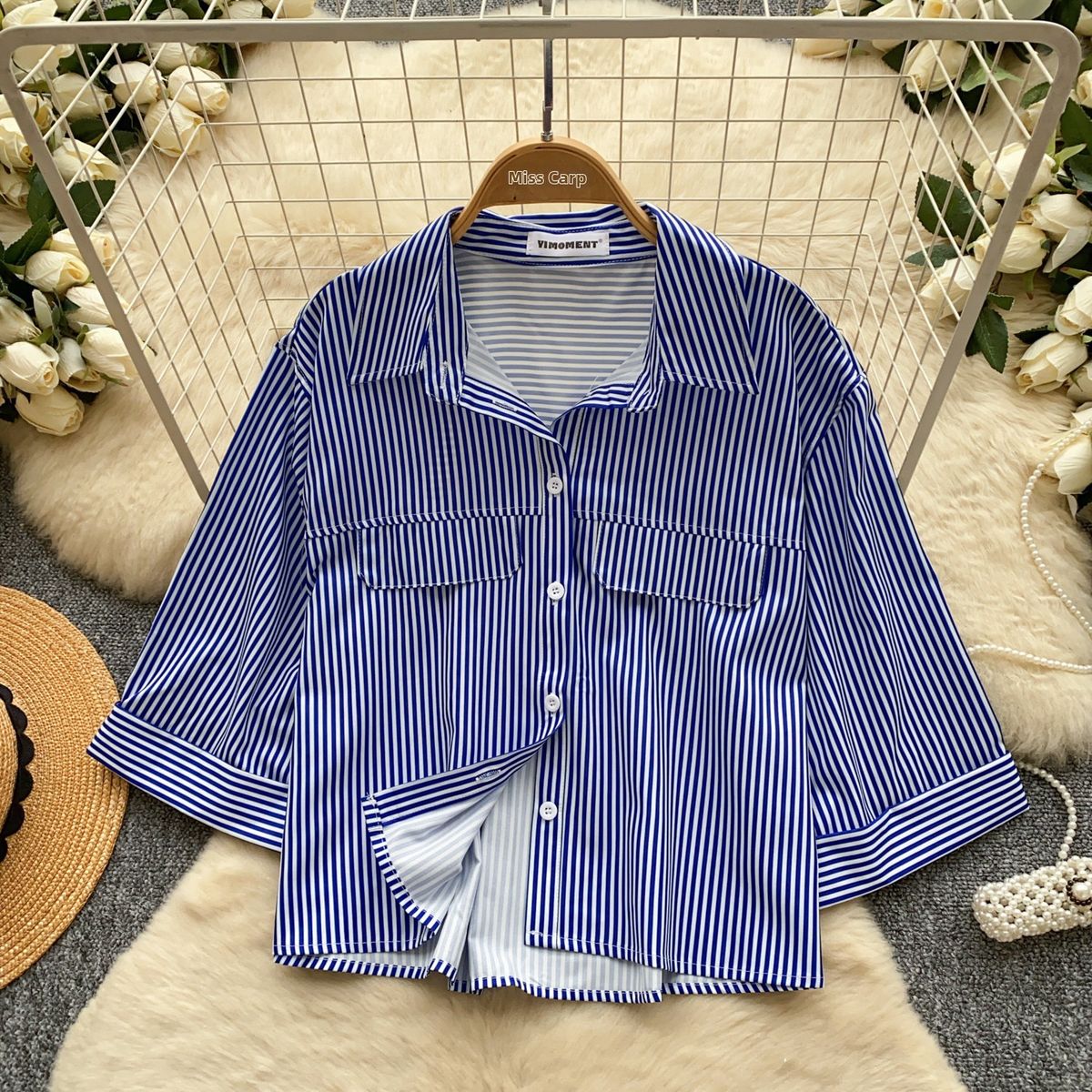 Women's Korean-Style Oversized Blouse Striped Short-Sleeve Breathable Comfortable Summer Casual Wear Top_ecoleips.com