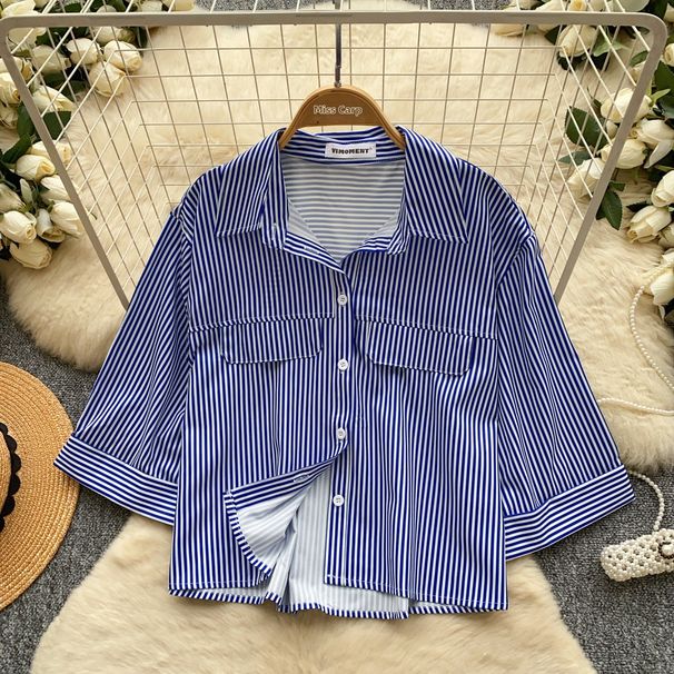 Women's Korean-Style Oversized Blouse Striped Short-Sleeve Breathable Comfortable Summer Casual Wear Top_ecoleips.com