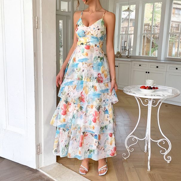 Women's Clothing Temperament Elegant Style Sling Print Thousand Layer Skirt Dress_ecoleips.com