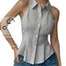 Korean Style Women's Minimalist Striped Sleeveless Shirt Vest Casual Fashion Professional Collared Tie Waist Top_ecoleips.com