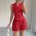 Women's Textured 2 Piece Outfit, Sleeveless V-Neck Button Down Vest Top & High Waist Casual Shorts Set, Elegant Solid Summer Co Ord Sets For Daily Wea_ecoleips.com