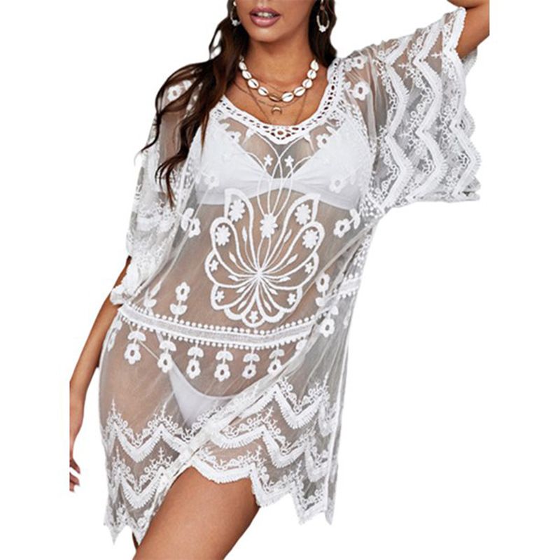 European And American Beach Sun Protection Women's Loose-fitting Mid-length Pullover Dress With Water-soluble Lace_ecoleips.com