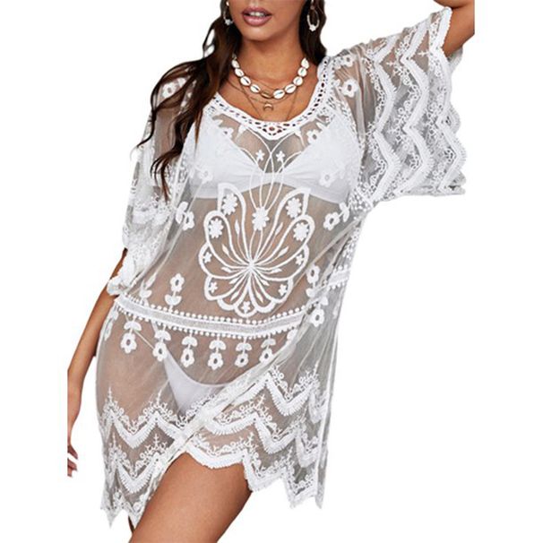 European And American Beach Sun Protection Women's Loose-fitting Mid-length Pullover Dress With Water-soluble Lace_ecoleips.com