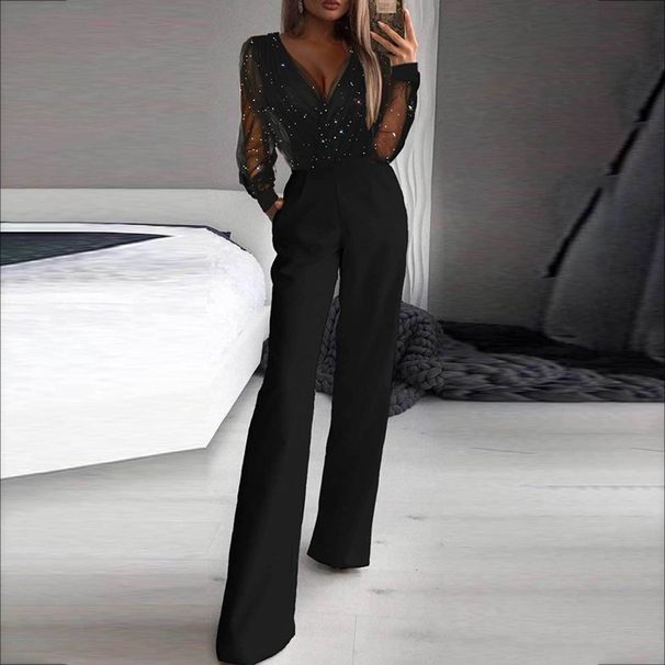 Women's High-Waisted Jumpsuit Mesh And Powder Splicing Elegant Style Autumn_ecoleips.com