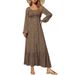 Women's Floral Print Chiffon Lantern Long Sleeve U Neck High Waist Panel Maxi Dress – Casual Fall Resort Gown_ecoleips.com