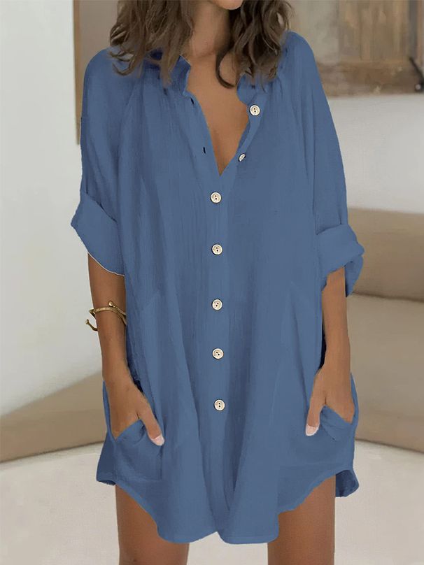 Women's Clothing Cotton And Linen Button Down Medium Long Short Sleeved Loose Shirt For Women_ecoleips.com