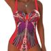 Conservative One Piece Swimsuit for Women European And American Style Print Color Blocking Waist Cinching Sexy Swimwear_ecoleips.com