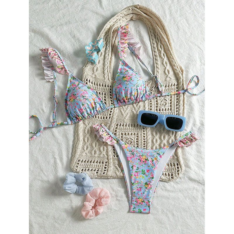 Women's Floral Print High Waist Bikini Set - Ruffled Backless Swimwear For Beach & Pool - Soft Polyester Spandex Blend_ecoleips.com