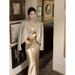 2026 Spring Fashion Maillard Outfit: Jacquard Fabric Elegant Coat + Slimming Acetate Satin Camisole Dress For Women_ecoleips.com