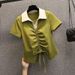 Women's Clothing Fashion Slim Irregular Drawstring Contrast Color T Shirt Top_ecoleips.com