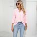 Women's Clothing Autumn New V Neck Jacquard Loose Top Mid Sleeve Lapel T Shirt_ecoleips.com