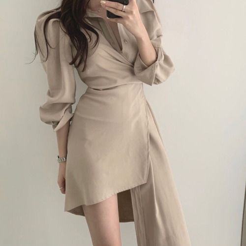Chic Early Autumn Irt Dr Women's Single Button Waist Cinched Midi Asymmetrical Collar Busin Casual Sle Dr_ecoleips.com
