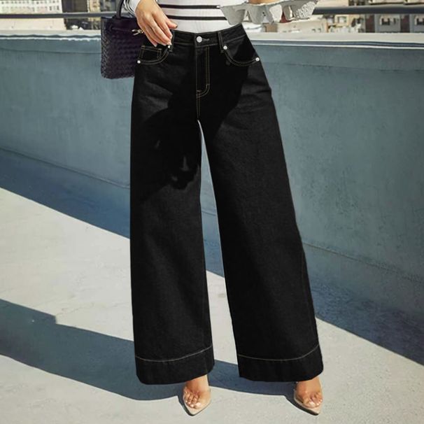 Women's Black Wide Leg Jeans Fashionable Design Casual Style Perfect For Autumn Available_ecoleips.com