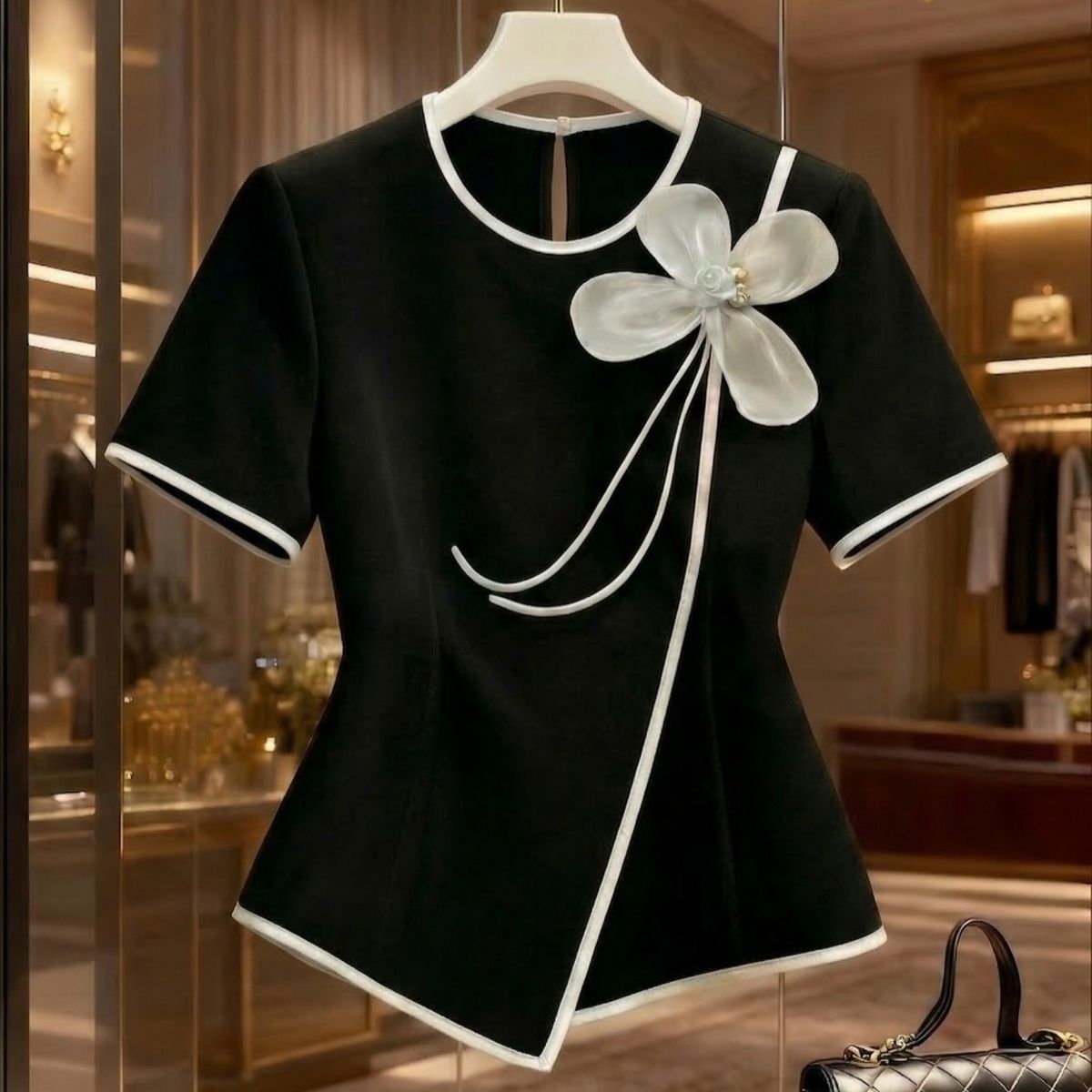 Black And White Contrasting Three-dimensional Flower Slim-fitting Versatile Short-sleeved Top Women_ecoleips.com