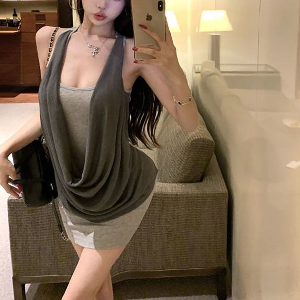 Purely Alluring Women's Camisole 2025 New Summer Outerwear Chic Korean Style Gray Two-Piece Sleeveless Top_ecoleips.com