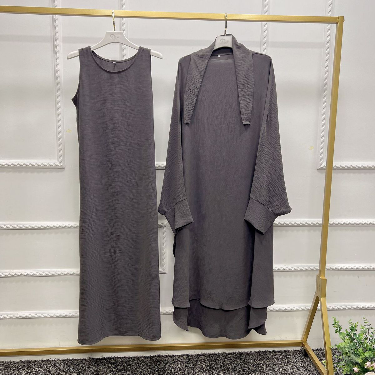 Verve Abaya Muslim Women's Clothing Dubai Turkey Batwing Sleeve Robe Inner Dress Two-Piece Set_ecoleips.com