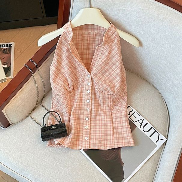 Sleeveless Collared Halter Neck Shirt, Summer Pleated Slim-fit Design, Stylish Top For Hot Girls, Vintage Plaid,_ecoleips.com