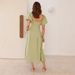 Women's Solid Color V-Neck Long Puff Sleeve Slimming Dress European American Style Cross Border Fashion 2025_ecoleips.com
