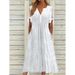 Women's Summer Dress With Perforated V-Neck Lace And Pleated Edges_ecoleips.com