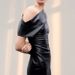 Women's Clothing Elegant PU Draped Midi Dress For Women - High Waist Bodycon Pencil Dress With Slash Neckline, Short Sleeves, Office & Party Wear_ecoleips.com