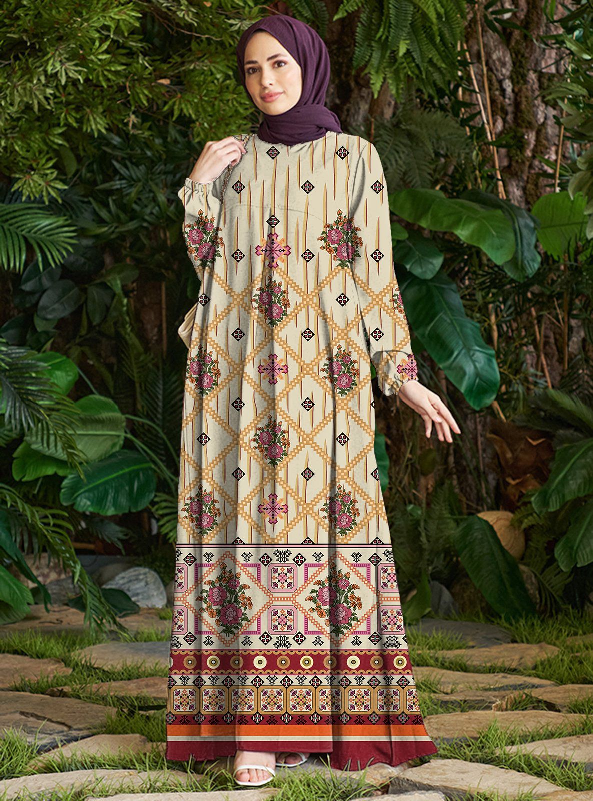 Modest Abaya Dress Women's Fashion Print Dress Autumn Design Polyester Muslim Dress_ecoleips.com