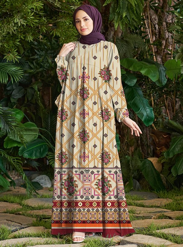 Modest Abaya Dress Women's Fashion Print Dress Autumn Design Polyester Muslim Dress_ecoleips.com