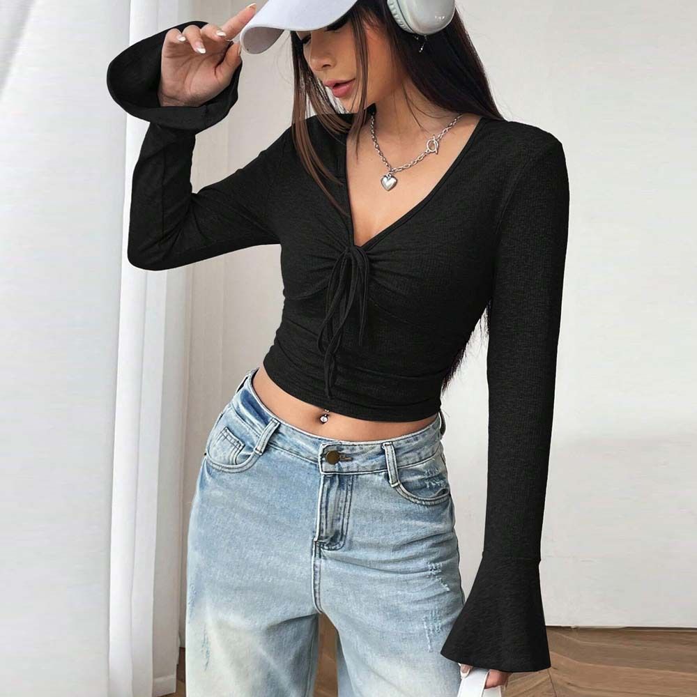 Voya Women's V-neck Flared Sleeve T-shirt Summer New Elegant Style Solid Color Pullover Long Sleeved Short Top For Women_ecoleips.com