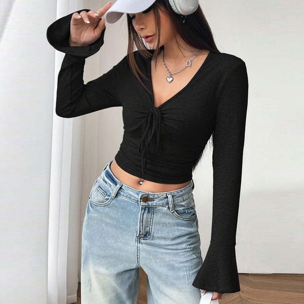 Voya Women's V-neck Flared Sleeve T-shirt Summer New Elegant Style Solid Color Pullover Long Sleeved Short Top For Women_ecoleips.com