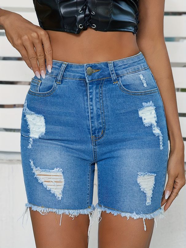 European And American Cross-border Summer New Vintage Stretch Ripped Raw Edge Denim Cycling Pants_ecoleips.com