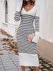 Autumn Winter Women Slim Fit Sexy Deep V‑Neck Contrast Color Striped Long Knit Sweater Dress Casual Party Wear_ecoleips.com