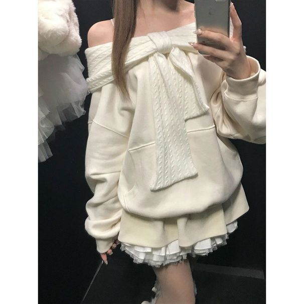 Trendy Off-Shoulder Bowknot Shawl Hoodie For Women, New Autumn/Winter Style, Fleece-Lined, Thick, Loose, High-End Feel,_ecoleips.com