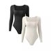 Women's Ribbed Long Sleeve Bodysuit, Square Neck Slim Fit Stretchy Jumpsuit, Sexy Basic Tops For Layering_ecoleips.com