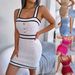 Real Shot Spring Summer European American Casual Square Neck Button Color Block Waist Knitted Bodycon Dress_ecoleips.com