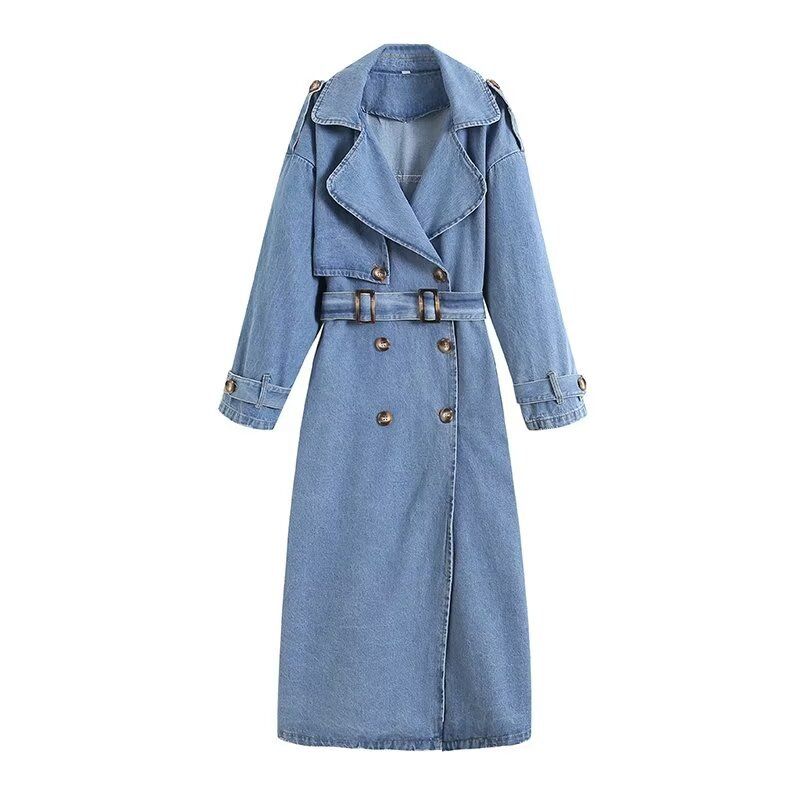 Oversized Denim Trench Coat For Women – Long Streetwear Jacket With Double-Breasted Buttons & Detachable Belt, Vintage Wash For Fall/Winter_ecoleips.com