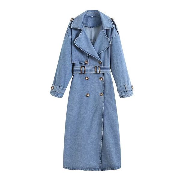 Oversized Denim Trench Coat For Women – Long Streetwear Jacket With Double-Breasted Buttons & Detachable Belt, Vintage Wash For Fall/Winter_ecoleips.com