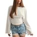 2025 European And American Women's Fashion New Solid Color Round Neck, Straight Shoulder, Wide Sleeve,_ecoleips.com