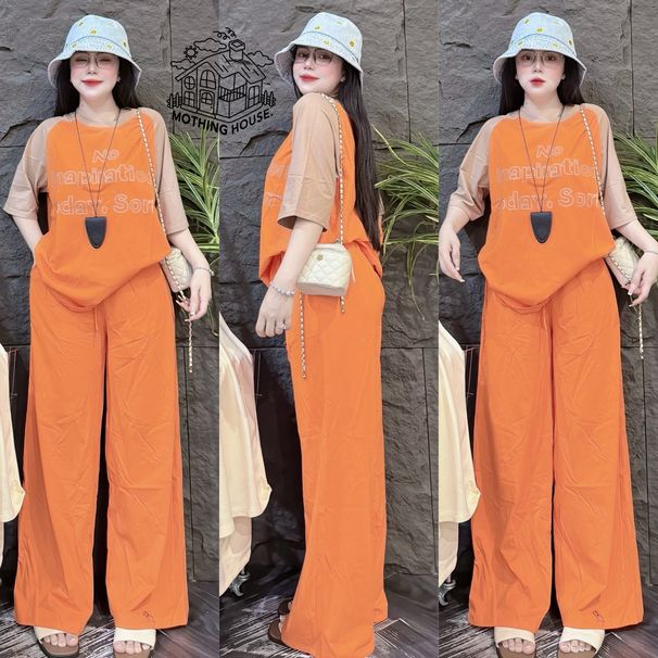 Women's Clothing Fashion Summer Two Piece Set Letter Print Color Block Short Sleeve Top With Slimming Wide Leg Pants_ecoleips.com