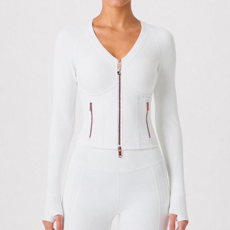 Caijue Women's Deep V Neck Yoga Jacket Long Sleeve Slim Fit Sports Top Double Zipper Short Running Fitness Fitness Jacket_ecoleips.com
