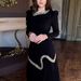 Women's Casual Long Sleeve Draped Gowns Dress Elegant Hight Waist Solid Long Party Dresses Sequin Splicing V-neck Banquet Dress_ecoleips.com