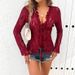 Women's Long Sleeve Lace Blouse, Deep V Neck Ruffled Sheer Mesh Top With Front Tie, Elegant Slim Fit Floral Lace Shirt For Daily Casual Club Party Nig_ecoleips.com