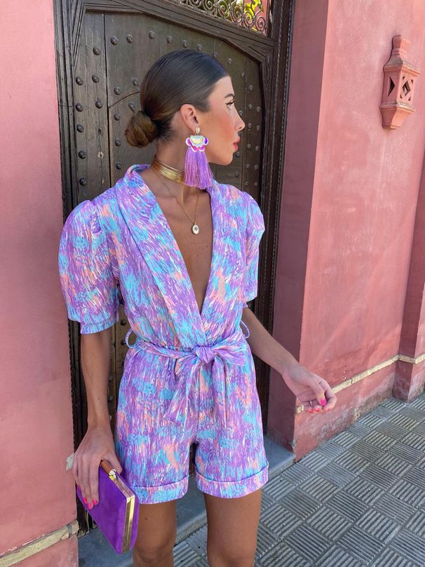 Jumpsuit Women 2025 Sexy V Neck Short Sleeve Print Belt Elastic Waist Pocket Shorts Jumpsuits Summer Outfits 2025 Bodysuit_ecoleips.com