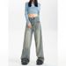 American Retro Distressed Cement Yellow Wide-leg Jeans For Women, New 2025 Model, High-waisted, Loose, Slimming, Drapey_ecoleips.com